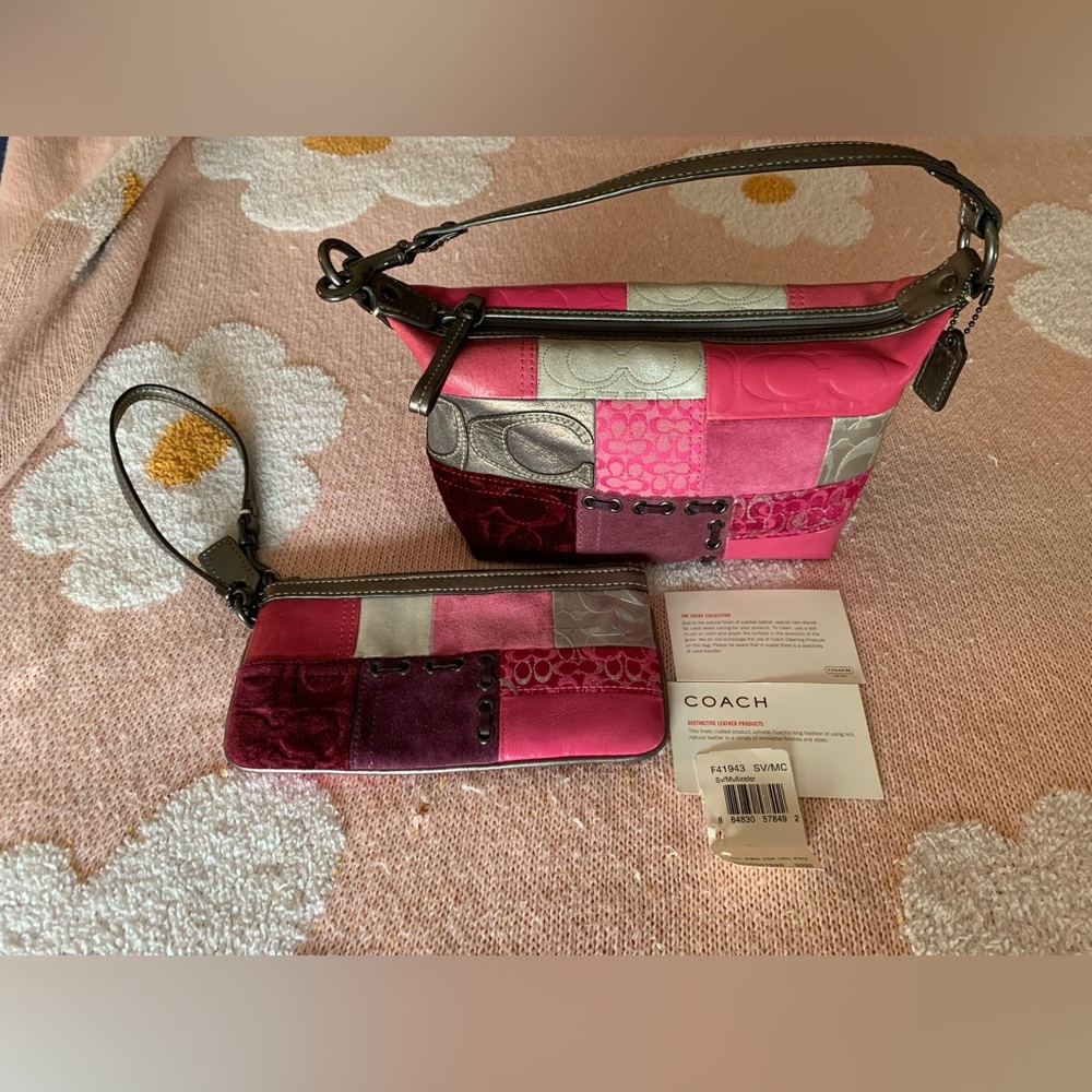Vintage Coach Silver/Pewter and Pink Patchwork Leather and Suede Purse&Wristlet